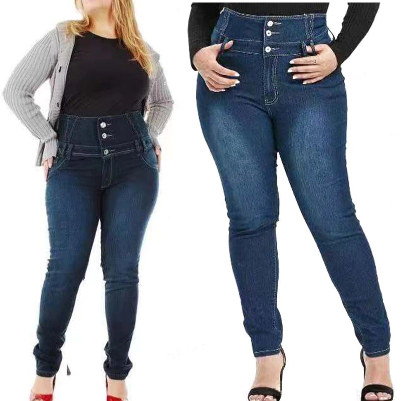 Plus Size Button Up Slim Skinny Dark Blue Full Length Jeans 4XL Women High Waist