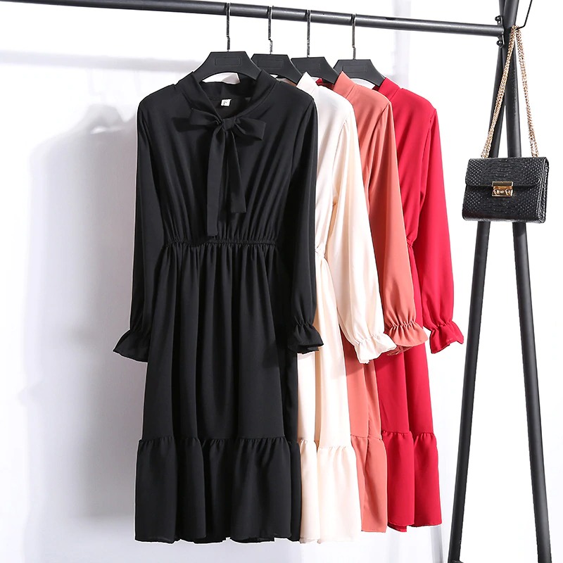 2020 Solid Color Long Women Dress Vintage Elegant Bow Collar Shirt Dress Ladies Long Sleeve Autumn 3