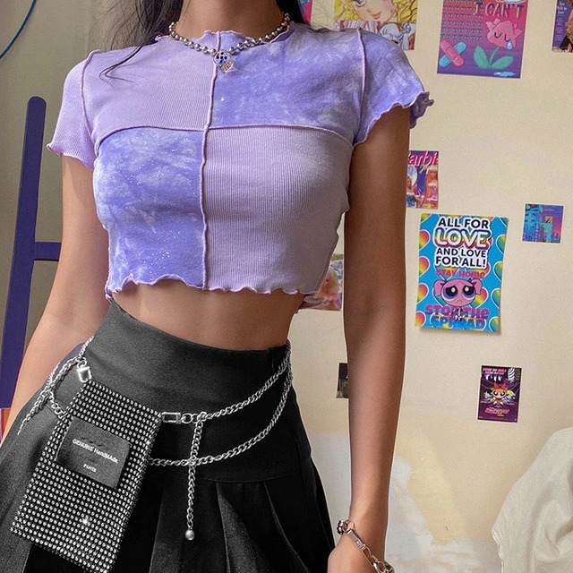 2020 Women Tie Dye Cropped Top Ruffle Frill Short Sleeve Tops Patchwork T Shirts Round Neck.jpg 640x640 1
