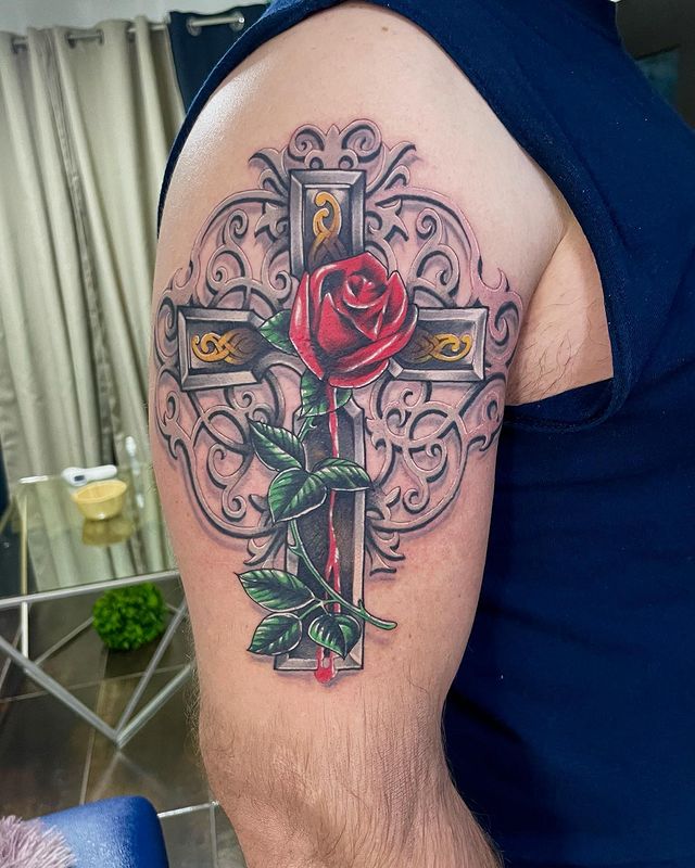 celtic cross flower 3d tattoo on the arm