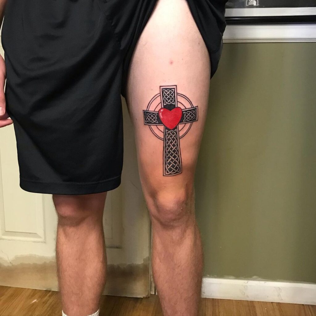 celtic cross heart tattoo leg ink