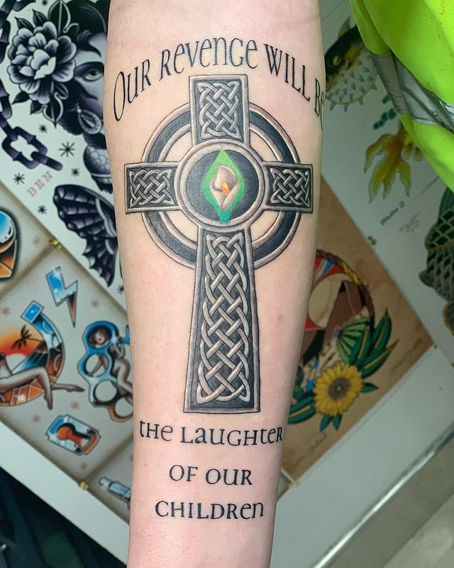 celtic patchwork tattoo with text