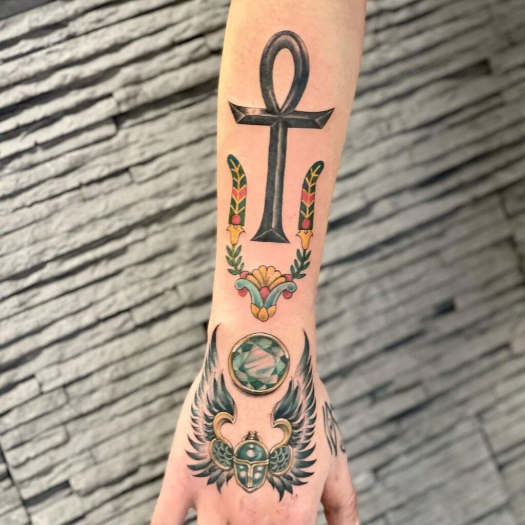 colorful patchwork tattoo ankh